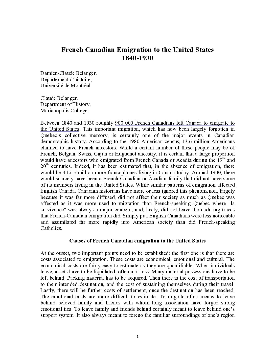 French Canadian Emigration