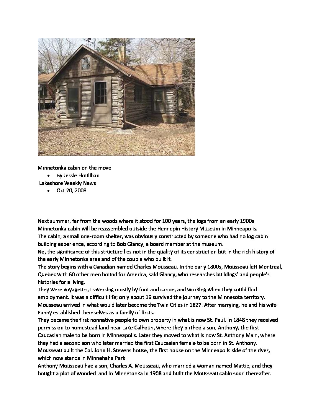 Mousseau Family & Cabin History